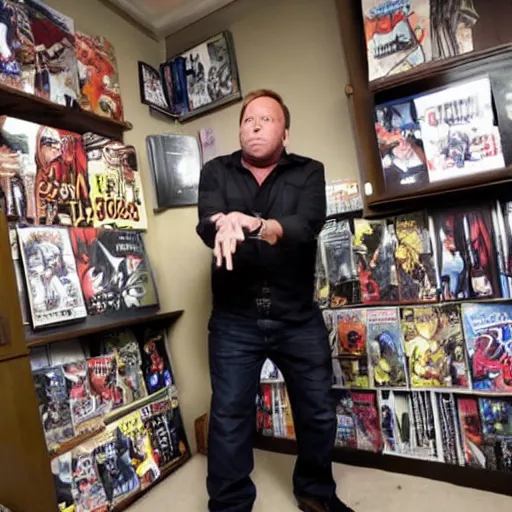 Image similar to alex jones shows off his anime collection.