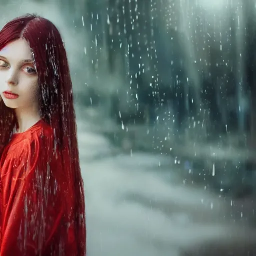 Image similar to a beautiful girl with long blue hair in a ponytail, with bangs, pale skin, yellow eyes, fully clothed in red robes, highly detailed, 8 k, octane render, professional portrait, realistic oil painting, rainy window, volumetric lighting, water droplets frozen in time, sprites, god rays,