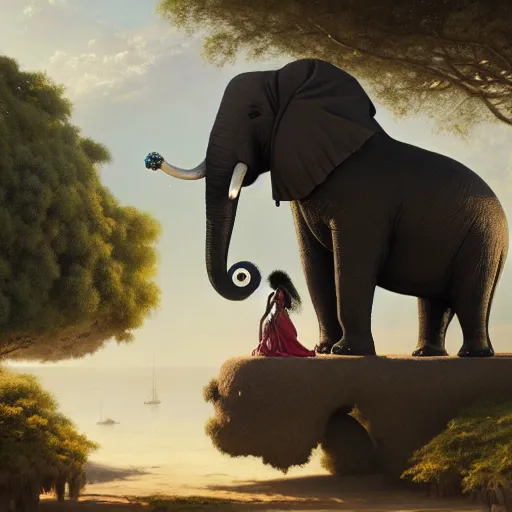 Image similar to a black girl with afro puffs wearing a white robe riding a giant steampunk elephant in a black sand oasis with an acacia tree, by greg rutkowski and android jones, oil on canvas, 8k hd,