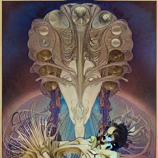 Prompt: an average man with his briefcase in his left hand by Jean Delville, Amano and Yves Tanguy and Alphonse Mucha and Ernst Haeckel and Edward Robert Hughes and Roger Dean, pale muted pastel moody colors, gold eyes