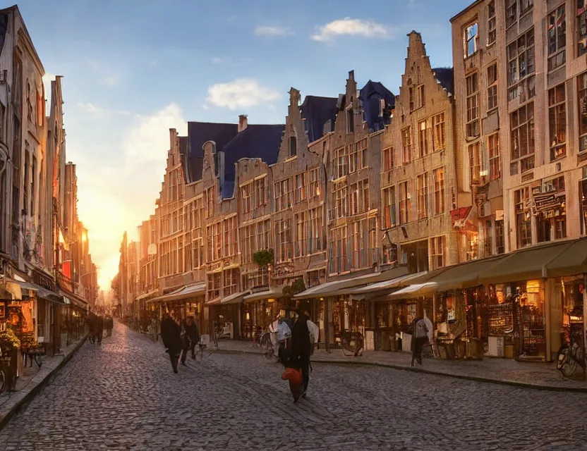 Prompt: street view of gent belgium at sunset, peaceful and serene, incredible perspective, soft lighting, anime scenery by makoto shinkai and studio ghibli, very detailed