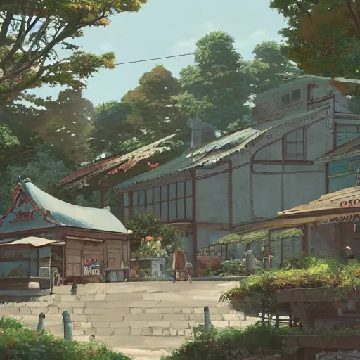 Image similar to concept art painting of a historic bakery with european and japanese architecture, in a woodland village surrounded by trees and mountains, realistic, detailed, cel shaded, in the style of makoto shinkai and greg rutkowski and james gurney