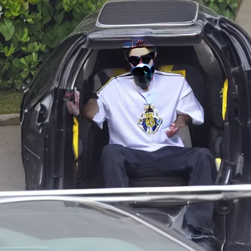 Prompt: Snoop Dogg is sitting in a police car wearing a cap C-11