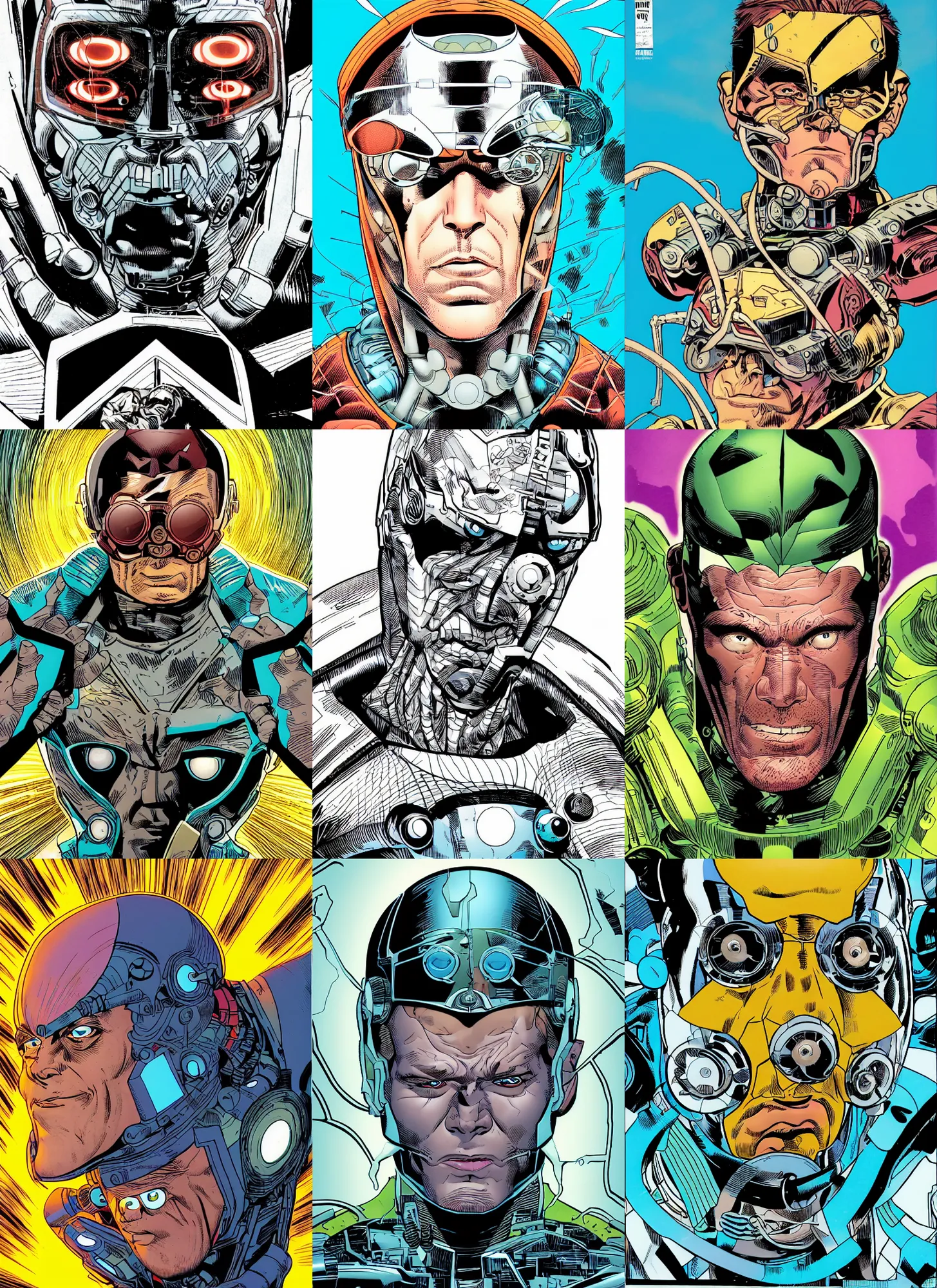 Prompt: dynamic macro head portrait of dangerous christopher reevee half cyborg by cory walker and ryan ottley and jack kirby and barry windsor - smith, comic, illustration, photo real