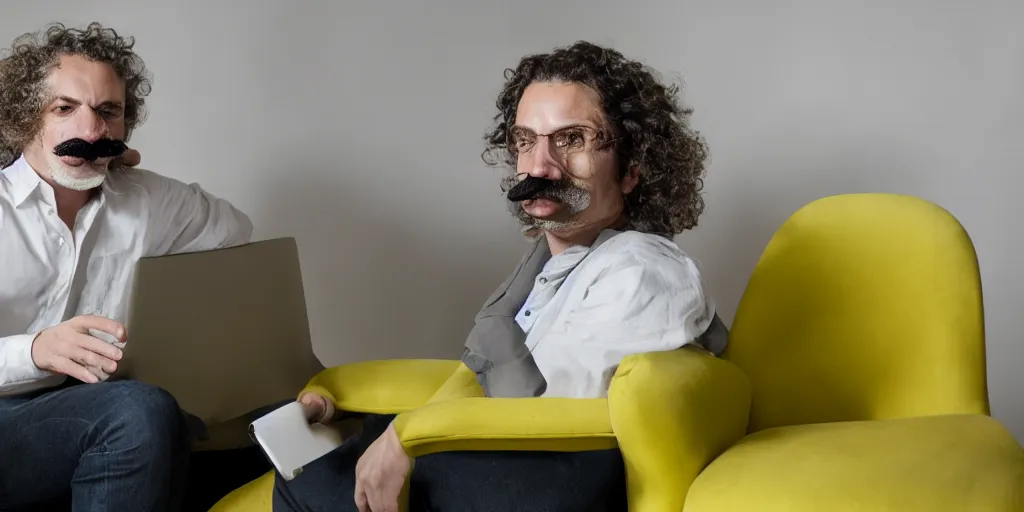 Image similar to french white man with puffy hair, mustache and a green sitting on a black chair in his room looking at the camera, photorealistic, webcam, yellow lightning