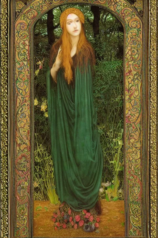 Image similar to beautiful priestess of the forest in a garden | pre-Raphaelites | green and gold silk brocade| floral embroidery |dramatic lighting | Evelyn De Morgan and John Waterhouse |