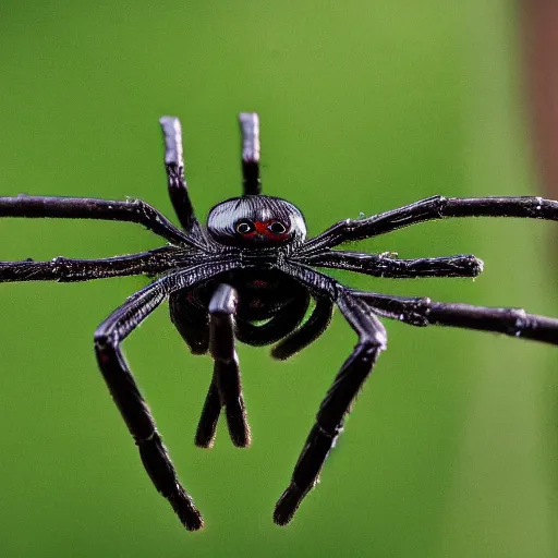 Prompt: a giant black widow spider walks through a midwestern town