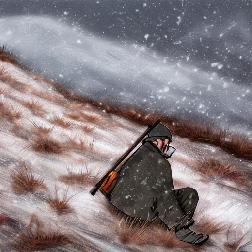 Image similar to a wide shot of a sad sniper laying on a mountain, digital art, acrylic, frost, cold, ice, scared, wind, storm, hiding, gloomy, tired,