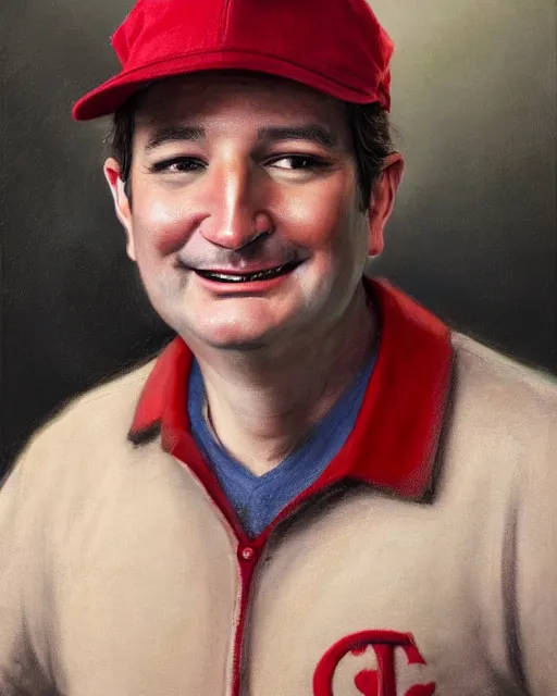 Prompt: closeup portrait of whimsical conniving ted cruz wearing a red baseball cap speaking at a convention, court jester in renaissance era, masterpiece, by donato giancola and greg rutkowski and wayne barlow and zdzisław beksinski, high contrast, realistic face