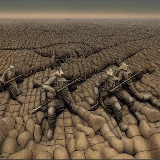 Prompt: in trenches we inhabited the enigmatic online server entities active denial system memetic superego, rendered in octane by Michael Whelan