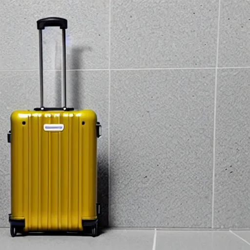 Prompt: one yellow coffee mug similar to a rimowa aluminium suitcase, full of steaming coffee