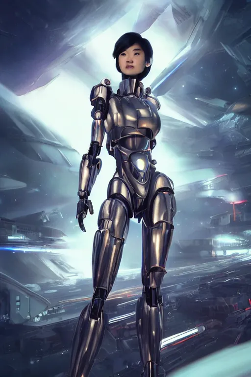 Prompt: a young attractive Asian woman in the pilot's seat of a massive sci-fi mecha, dramatic pose, with the twinkling stars and night sky behind, LEDs, highly detailed, photorealistic, volumetric lighting, digital art, octane render, in the style of Artgerm and Tom Bagshaw