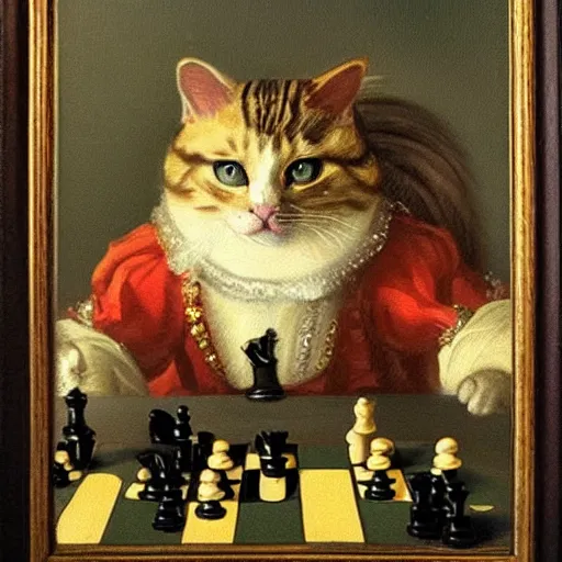 Image similar to cat playing chess looking wise, rococo oil painting