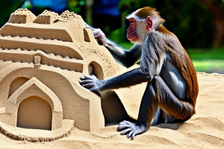 Image similar to a monkey touching a completed sand castle