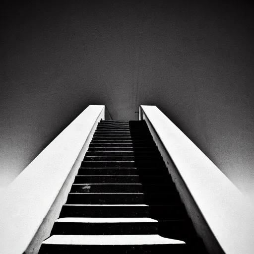 Image similar to black and white surreal photograph, highly detailed vast space made of stairsteps, sideview, detailed textures, natural light, mist, architecture photography, film grain, soft vignette, sigma 1 4 mm f / 1. 4 1 / 1 0 sec shutter, imax 7 0 mm footage