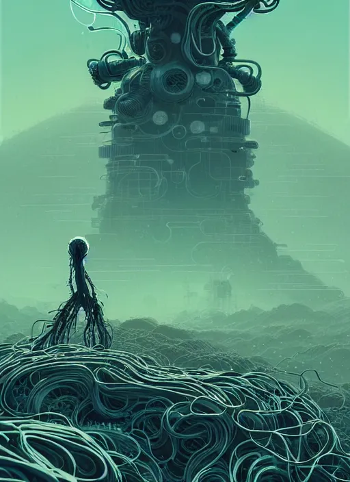 Image similar to highly detailed portrait of a biopunk long curly white hair tribal lady, stray wiring by atey ghailan, james gilleard, by joe fenton, by greg rutkowski, by greg tocchini, by kaethe butcher, 4 k resolution, gradient green, black and white color scheme!!! ( ( irradiated robotic mountain landscape background ) )