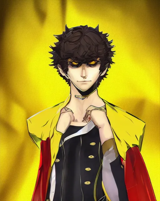 Prompt: Young Arabian half-human wolf. Dressed in yellow cloth. Portrait in Persona 5, Persona 5 style, anime