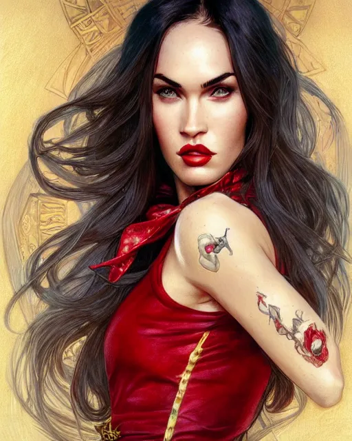 Image similar to megan fox vampire, perfect face, gold waistcoat, red shirt, long grey hair, red necktie, cinematic, stunning, highly detailed, digital painting, artstation, smooth, hard focus, illustration, art by artgerm and greg rutkowski and alphonse mucha