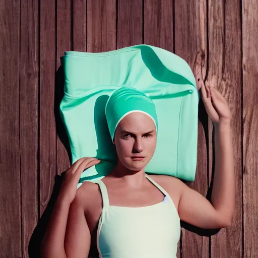 Image similar to a film photography of a woman slender, wearing a mint green one-piece swimsuit, wearing a white bathing cap, sitting on a wooden dock, Lying on back, perpendicular to the camera, 50mm medium shot, Kodak Portra 800, Leica M6 film camera, light film grain, Lying on back, perpendicular to the camera