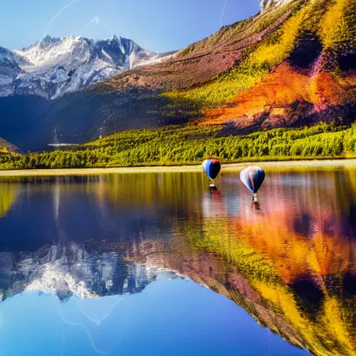 Image similar to photo of two black swans touching heads in a beautiful reflective mountain lake, a colorful hot air balloon is flying above reflecting off water, hot air balloon, intricate, 8k highly professionally detailed, centered, HDR, CGsociety