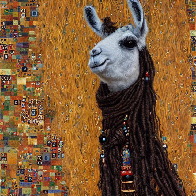 Image similar to llama with dreadlocks, in the style of gustav klimt, by mandy jurgens, ernst haeckel, james jean