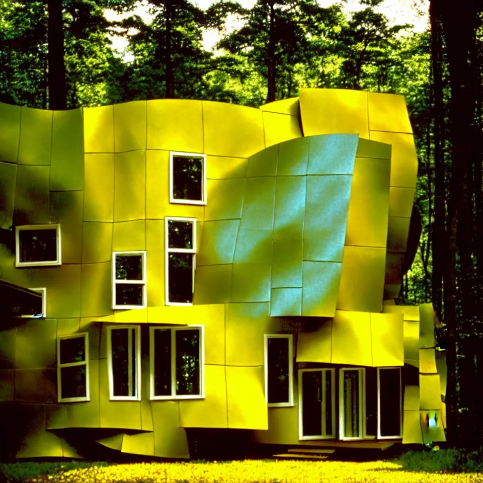 Image similar to a small flat house with big tiles in a forest, designed by Frank Gehry. Film grain, cinematic, yellow hue