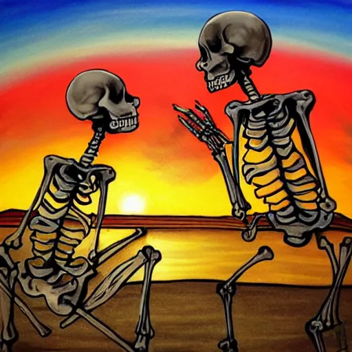 Image similar to skeleton wedding, sunset, cheerful, painting