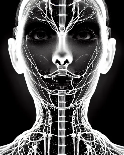 Image similar to black and white cyborg - plant goddess high quality photo, microchip, artificial intelligence, bio - mechanical bio - luminescence, black wired cables, neurons, nerve cells, cinematic, rim light, photo - realistic, high detail, 8 k, masterpiece, high fashion, in the style of steven meisel dora maar h. g. giger