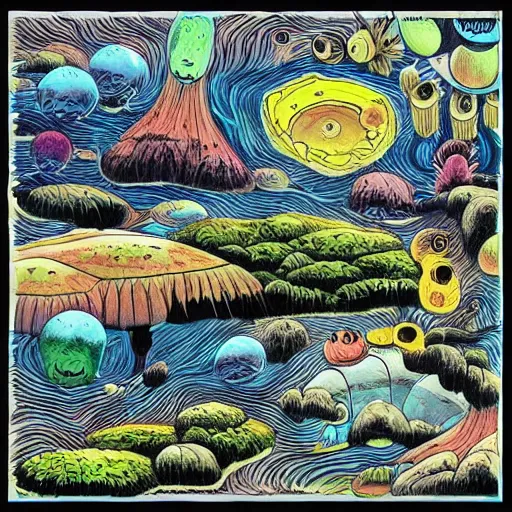 Image similar to the landscape of an alien planet with strange plants and animals. Hand drawing in the style of Miyazaki. Beautiful and colorful.