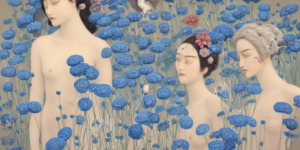 Prompt: breathtaking detailed concept art painting art deco pattern of faces goddesses of nemophila flowers with anxious piercing eyes and blend of flowers and birds, by hsiao - ron cheng and john james audubon, bizarre compositions, exquisite detail, extremely moody lighting, 8 k