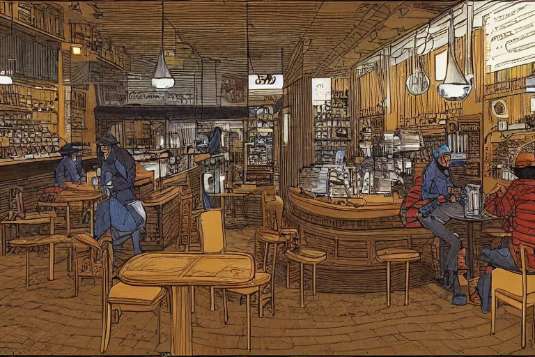Prompt: coffee shop by moebius