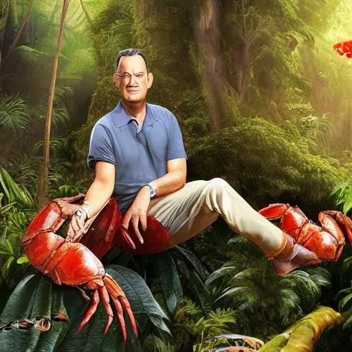 Image similar to Tom Hanks as forrest gump sitting on a giant shrimp in the jungle, realistic digital painting, photoreailstic, realistic face, amazing detail, sharp