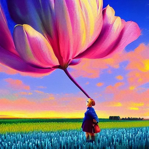 Image similar to giant tulip head dutch girl, surreal photography, flower field, sunset dramatic light, impressionist painting, colorful clouds, blue sky, digital painting, artstation, simon stalenhag