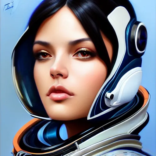 Image similar to a portrait of a very beautiful woman in a spacesuit, Alexandria's genesis, shoulder-length black hair, bored, illustration, soft lighting, soft details, painting oil on canvas by mark arian by artgerm, trending on artstation, 4k, 8k, HD