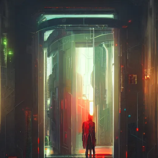 Prompt: a door dimensional portal to a cyberpunk blade runner city, art nouveau, reylia slaby, peter gric, trending on artstation, volumetric lighting, cgsociety, unreal engine, octane, 8 k, 4 k, high definition