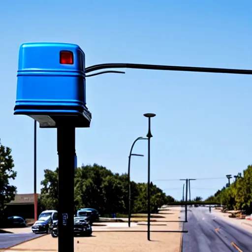 Image similar to blue truck dangling from atop a street light pole