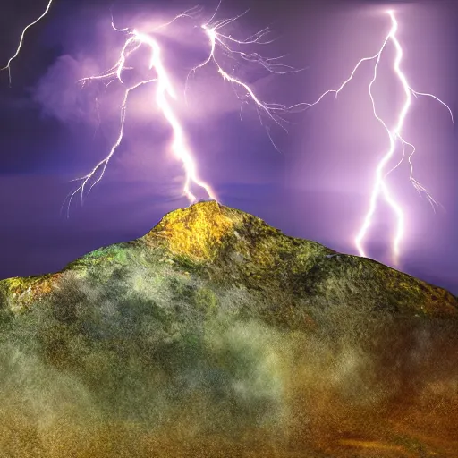 Image similar to two spinning tops clashing atop of a mountain, sparks, lightning storm, dramatic lightning, hyperrealistic digital art, 8 k, trending on artstation,