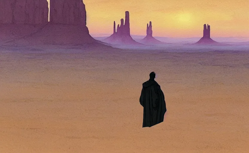 Prompt: a hyperrealist watercolor concept art of a sci - fi futurist buildings on the horizon of monument valley. a medieval monk in grey robes is in the foreground. golden hour. very muted colors, by rebecca guay, michael kaluta, charles vess. high detail, hq, wide shot, 4 k