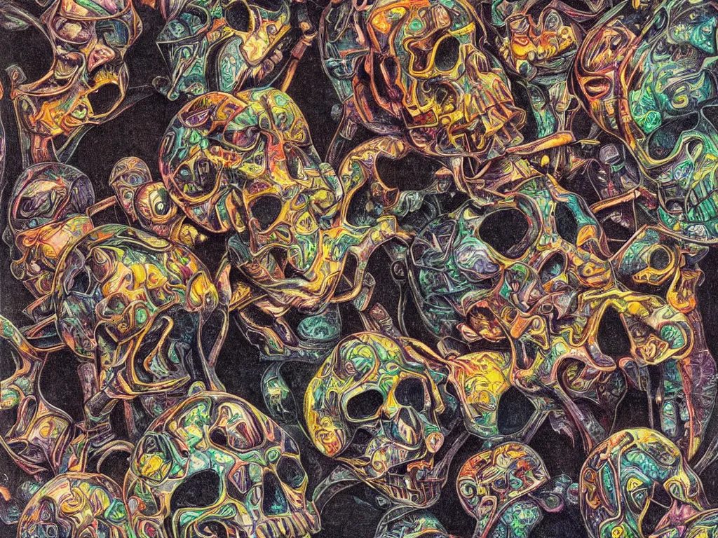 Prompt: technopathic skulls, high detail, highly abstract, vivid colors, a little bit touch of M. C. Escher