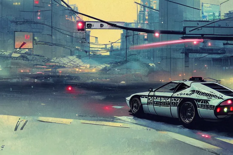 Image similar to akira cyberpunk bmw m 1 police car with lights flashing speeding down highway at high speed at night by greg rutkowski makoto shinkai takashi takeuchi studio ghibli, akihiko yoshida