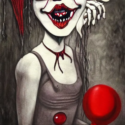 Prompt: grunge painting of the conjuring with a wide smile and a red balloon by chris leib, loony toons style, pennywise style, corpse bride style, horror theme, detailed, elegant, intricate