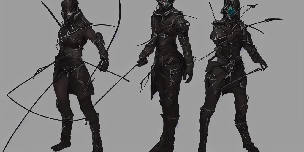 Prompt: character concept art for a dark cyber-archer