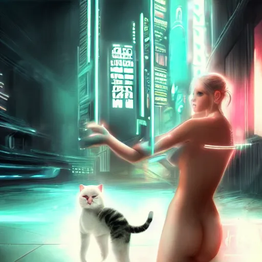 Image similar to beautiful cybergirl playing with a white cute cat in the neon room photorealistic, blade runner movie, digital art, highly detailed