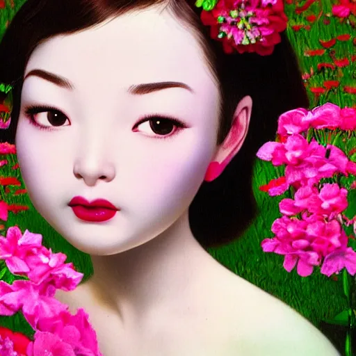 Image similar to a 3 d close up image of a beautiful young women looking at the camera surrounded by lush flowers mark ryden camera, pop japonisme 3 d ultra detailed