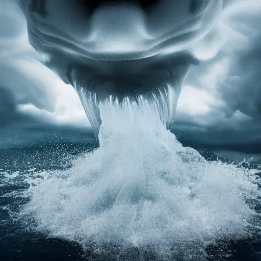 Prompt: screaming face made of a massive storm in the sea, hyper realistic, 5 0 mm, octane render