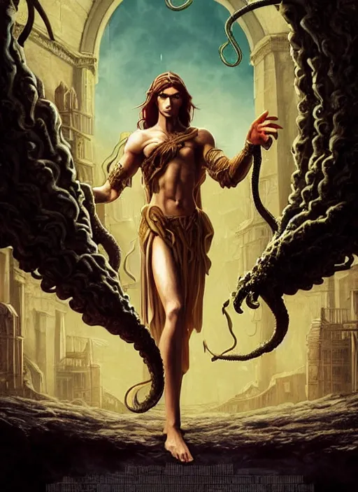Prompt: movie poster for the young ancient greek warlock!!!!!!!!!!!! dark magic tentacle beast in the modern city background, megalophoba, dungeons and dragons artwork, award winning poster, concept art, intricate details, by artgerm and leonardo da vinci and charlie bowater octane render, 8 k, unreal engine. realistic anatomy