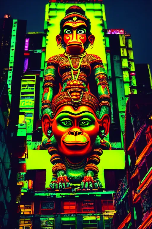 Image similar to high quality photo hyperrealistic cyberpunk hanuman head building, neon yellow madhubani, highly detailed, in sci - fi mumbai, cinematic smooth, liam wong, moody light, low angle, uhd 8 k, sharp focus