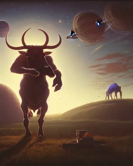 Image similar to highly detailed surreal vfx portrait of a futuristic minotaur in a rural farm with planets in background, stephen bliss, unreal engine, greg rutkowski, loish, rhads, beeple, makoto shinkai and lois van baarle, ilya kuvshinov, rossdraws, tom bagshaw, alphonse mucha, global illumination, detailed and intricate environment