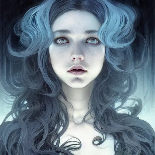 Image similar to Despair is a hue created with swirls of black gouache, hopeless grey, and a daub of cold blue, intricate, highly detailed, digital painting, artstation, concept art, smooth, sharp focus, illustration, Unreal Engine 5, 8K, art by artgerm and greg rutkowski and alphonse mucha