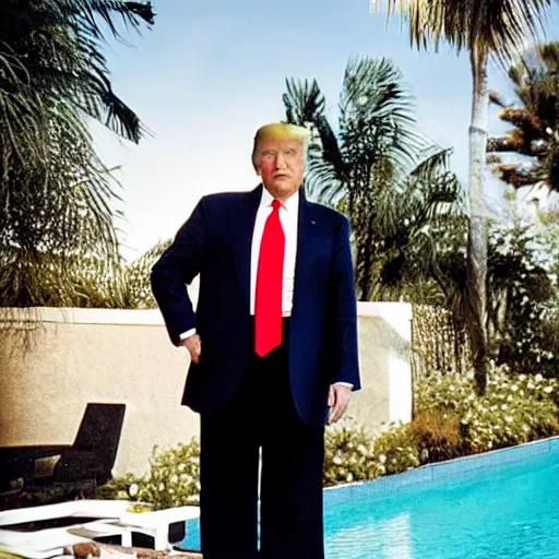Prompt: Donald trump posing by the pool, photograph